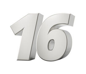 Silver 3d numbers 16 Sixteen. Isolated white background 3d illustration
