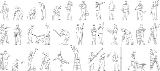 set of builders working sketch on white background, vector