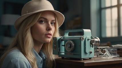 Young Caucasian woman with long blonde hair wearing beige hat, holding vintage turquoise camera in dimly lit room