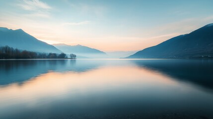 Calm lake reflection at dawn with mountains in the background and soft pastel skies over a serene landscape