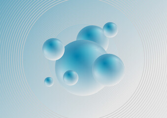Blue grey 3d spheres and minimal circle lines abstract background. Geometric vector design