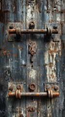 A close-up view of rusty locks and bolts on an old wooden door with peeling paint