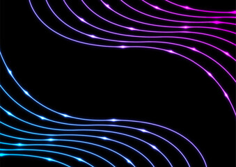 Bright blue and violet neon wavy lines abstract shiny retro background. Futuristic glowing vector design
