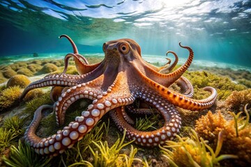 Majestic octopus amidst seaweed on ocean floor