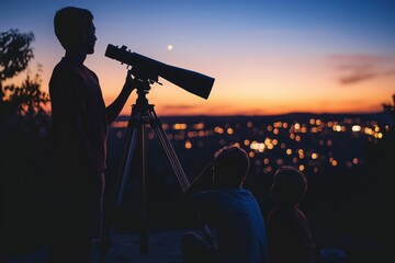 Silhouette of Man with Telescope Observing Sunset