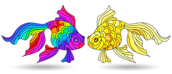 A set of stained glass illustrations with bright goldfish on a background of water and algae