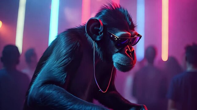 Funny Fancy Chimp in the Night Club is Dancing on Stage, DJ set. 