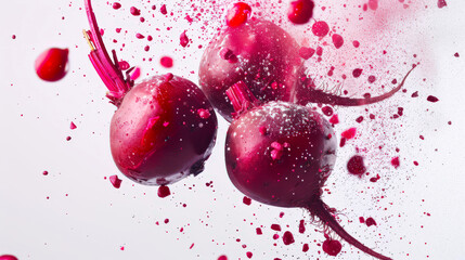 Three juicy fresh beets are sprinkled with powdered sugar or flour. A delicious and healthy vegetable - beetroot - floats in the air on a white background. The image exudes movement and energy