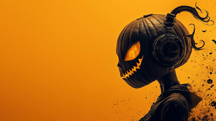 A woman with a Jack o' Lantern pumpking helmet