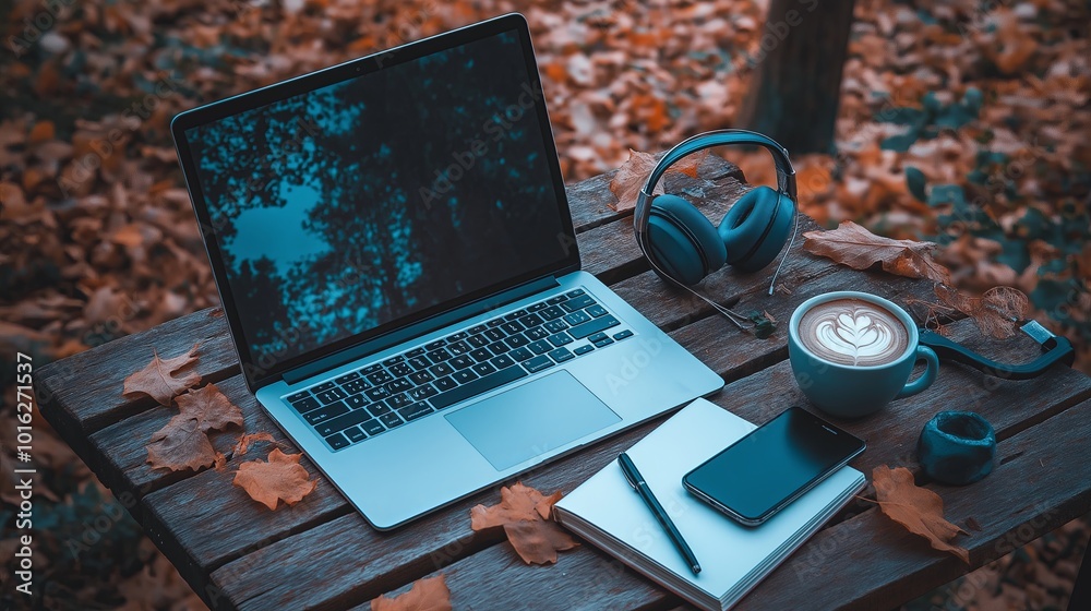 Poster a flat lay of remote work essentials on a rustic wooden table, featuring a laptop