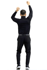 A man, on a white background, in full height, dancing