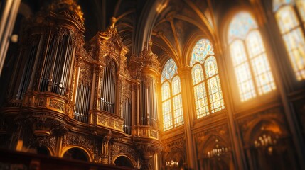 Naklejka premium A grand organ in an old cathedral, its pipes stretching high up towards the ceiling, bathed in golden light 