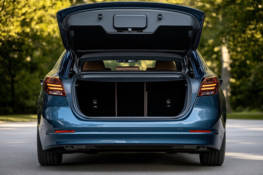 Open trunk of a modern blue car with spacious cargo area, parked outdoors on a sunny day with a blurred green forest background.