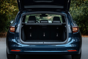 Open trunk of a blue modern car with the back seats visible, parked in a natural outdoor setting with green foliage in the background.