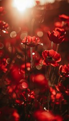 Obraz premium Red poppies bloom in a field of wildflowers, bathed in the golden light of the setting sun.