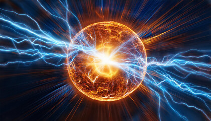 Glowing spherical core with radiant orange energy beams and blue electric streams. Abstract shape