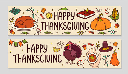 Thanksgiving Billboard set. Horizontal invitation background. Cozy Autumn doodle elements Turkey, pumpkin, flags, leaves, hat, acorns. Fall season banners template. Vector color illustration.