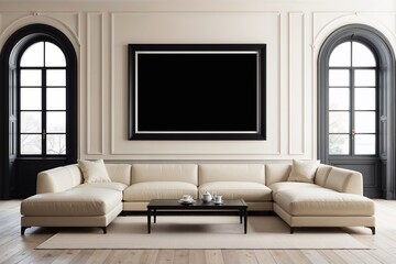 Obraz premium modern living room with two arched windows and a black blank frame on the wall 