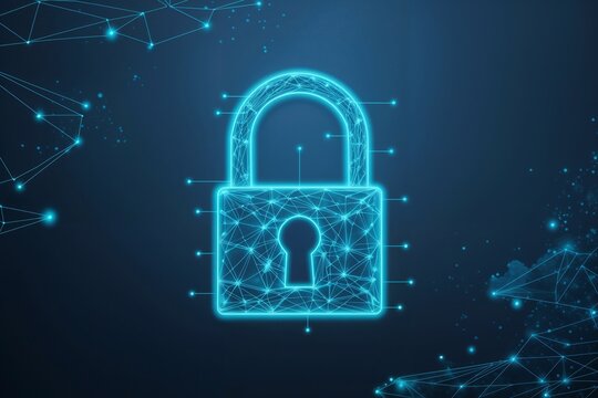 Blue cyber security pad lock on dark background