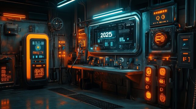 A futuristic workspace featuring electric car chargers in a high-tech environment