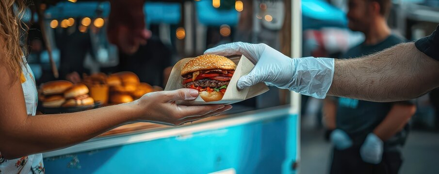 Two hands exchanging a delicious burger from a food truck at an outdoor event on a sunny day