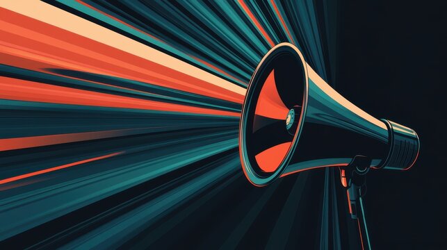 A megaphone projects sound waves in striking colors, conveying energy and urgency in communication