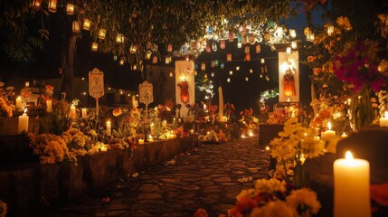 Obraz premium Vibrant candlelit altar adorned with marigolds and lanterns during a nighttime celebration in a peaceful cemetery