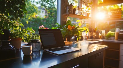 A remote work setup in a modern kitchen, with a laptop placed on a sleek island, a cup of coffee 