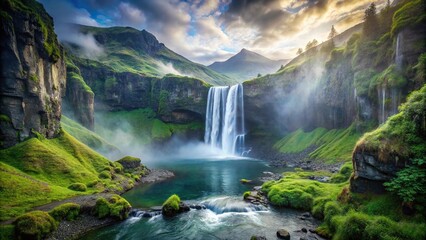 Majestic waterfall cascading into tranquil pool in misty valley