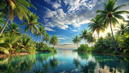 Majestic tropical oasis with towering palms and serene waters