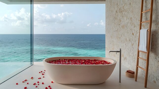 A luxurious hotel suite with a captivating view of the vast ocean featuring a bathtub brimming with vibrant rose petals for a truly indulgent and pampering experience