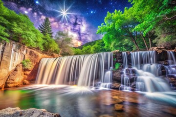 Captivating Long Exposure Landscape with Dreamy Waterfalls and Star Trails