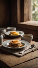 Stack of pancakes topped with slice of orange, syrup sits on rustic wooden table near window, accompanied by plates with more slices of orange, cups of tea, syrup pitcher. Warm lighting.