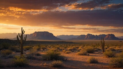 Fototapeta premium Vast desert landscape bathes in warm glow of setting sun, with towering cacti standing prominently in foreground. Horizon dominated by majestic.