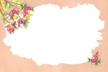 水彩画のザクロと朱色の紙の和風なイメージのフレーム背景素材