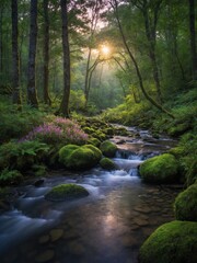Obraz premium Stream winds through sunlit forest, its water cascading gently over rocks. Lush greenery surrounds water, punctuated by pink flowers. Tranquility pervades serene scene.