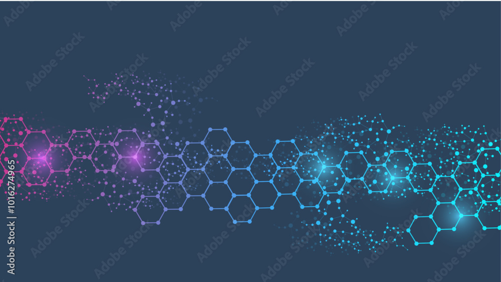 Poster modern scientific background with hexagons, lines and dots. wave flow abstract background. molecular