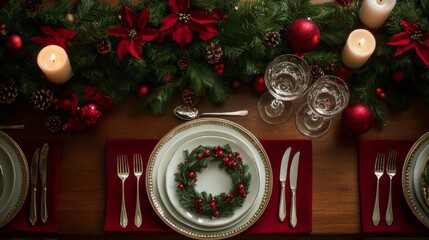 Christmas table setting featuring elegant cutlery, red and green decor, candles, and a wreath centerpiece, creating a warm holiday dining experience.