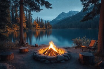 cozy campfire crackling in a serene forest near a tranquil lake stars twinkling above inviting warmth and a sense of adventure in natures embrace