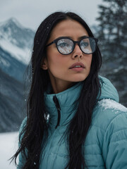 Young Asian woman with long dark hair wearing teal winter jacket and sunglasses, standing in snowy mountain landscape