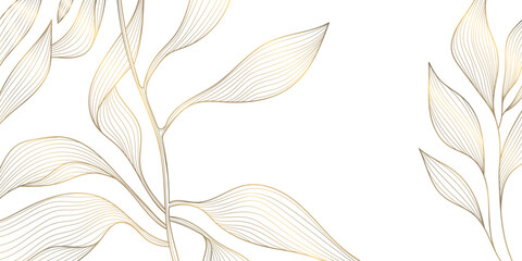 Vector art deco line floral leaf pattern. Japanese garden tree, luxury plant design, golden on white. Graphic print foliage decor
