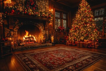 cozy christmas hearth warmly lit fireplace adorned with festive decorations and a beautifully trimmed christmas tree rich warm colors and soft lighting create an inviting holiday atmosphere