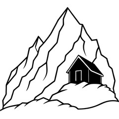Silhouette of Jagged Mountain Face with Cabin - Vector Art