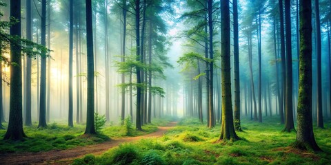 Obraz premium Mystical foggy forest scene with tall trees and soft light nature photography panoramic