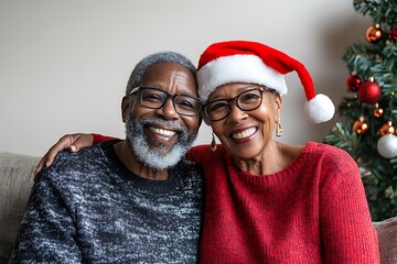happy senior couple in santa hat at home in christmas lifestyle
