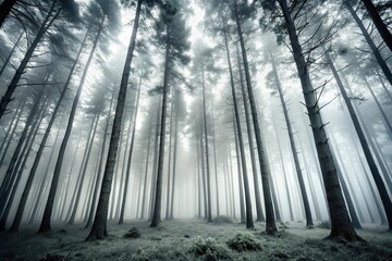 Naklejka premium mystical forest with misty surroundings and tall trees