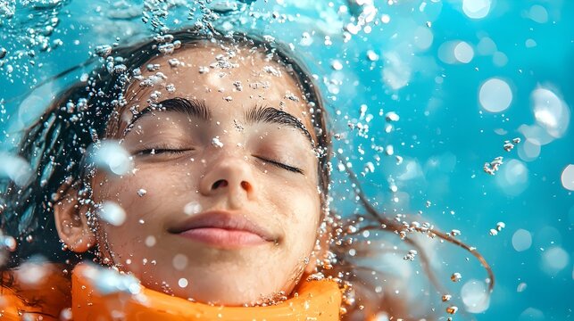 A person peacefully sleeping underwater surrounded by glowing bubbles slowly rising to the surface of the tranquil serene water  This image evokes a sense of relaxation rejuvenation and mindfulness