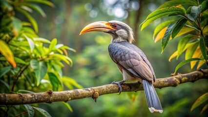 Obraz premium Malabar grey hornbill perched on tree in deep jungle of thattekad kerala, Wide-Angle