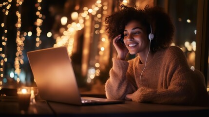 Young Woman Listening to Music on Laptop in Cozy Lighting