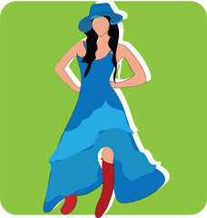 Elegant woman in blue dress with hat flat design vector illustration.
